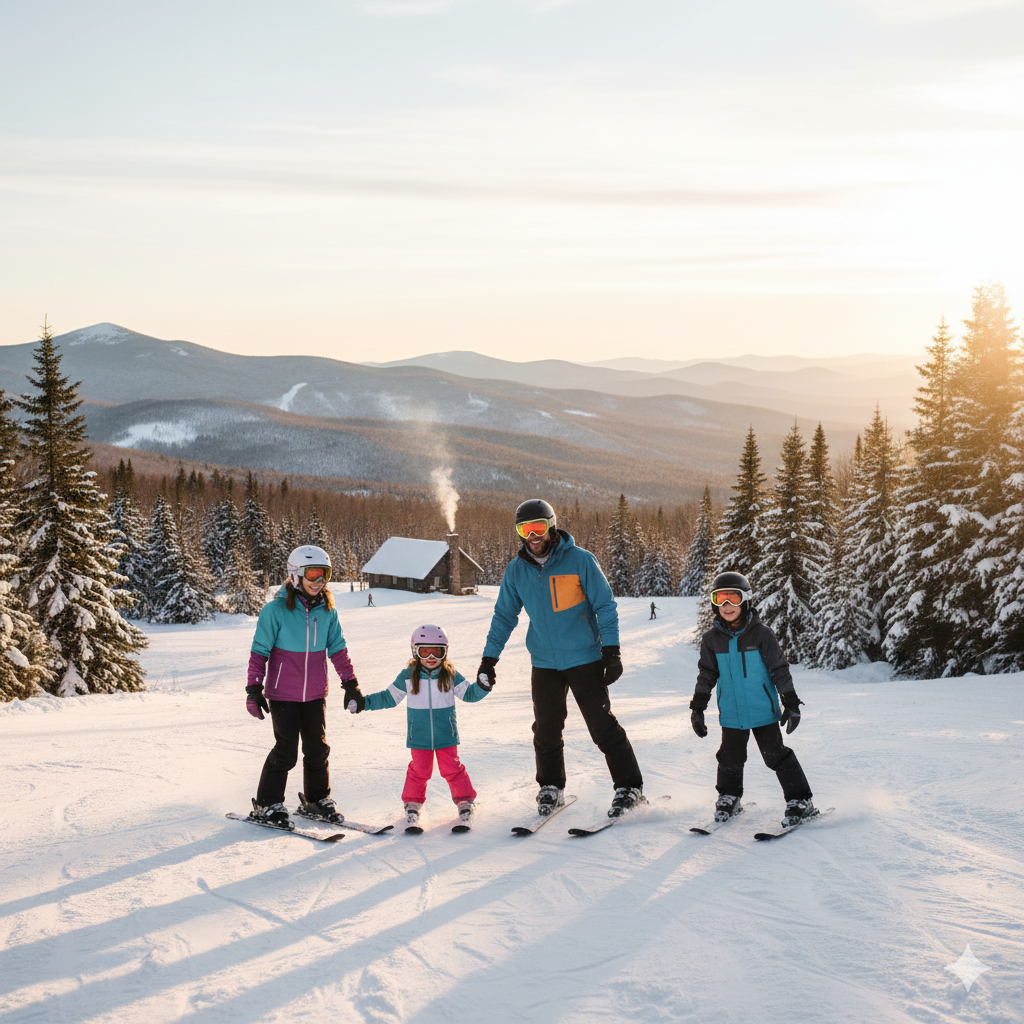 family skiiing together in the mountains of vermont in the snow