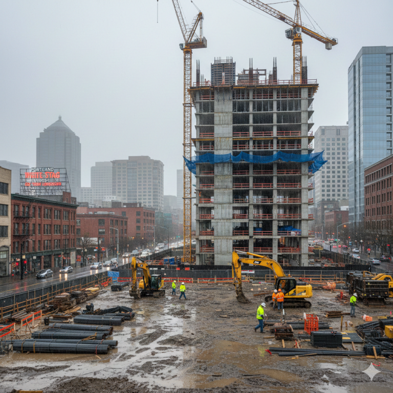 construction site in downtown portland oregon on a rainy day
