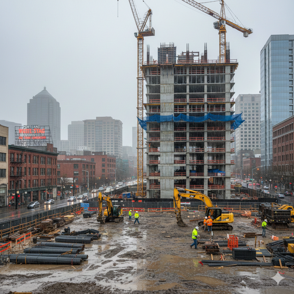 construction site in downtown portland oregon on a rainy day
