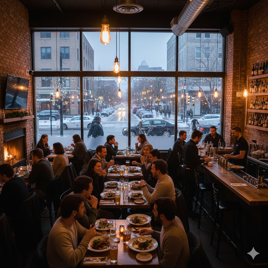 busy restaurant in downtown denver in the winter