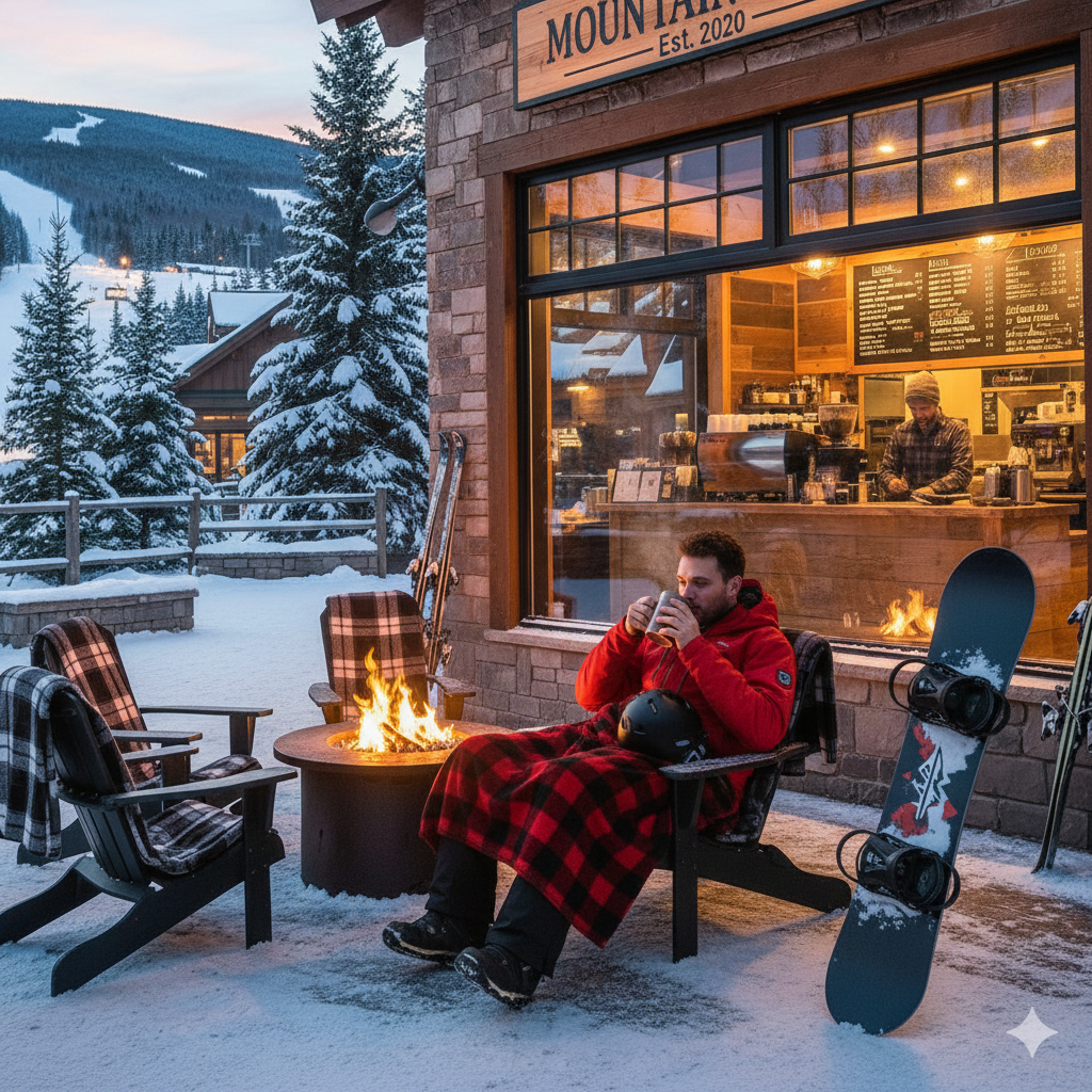 snowboarder having a cup of coffee after snowboarding in vermont