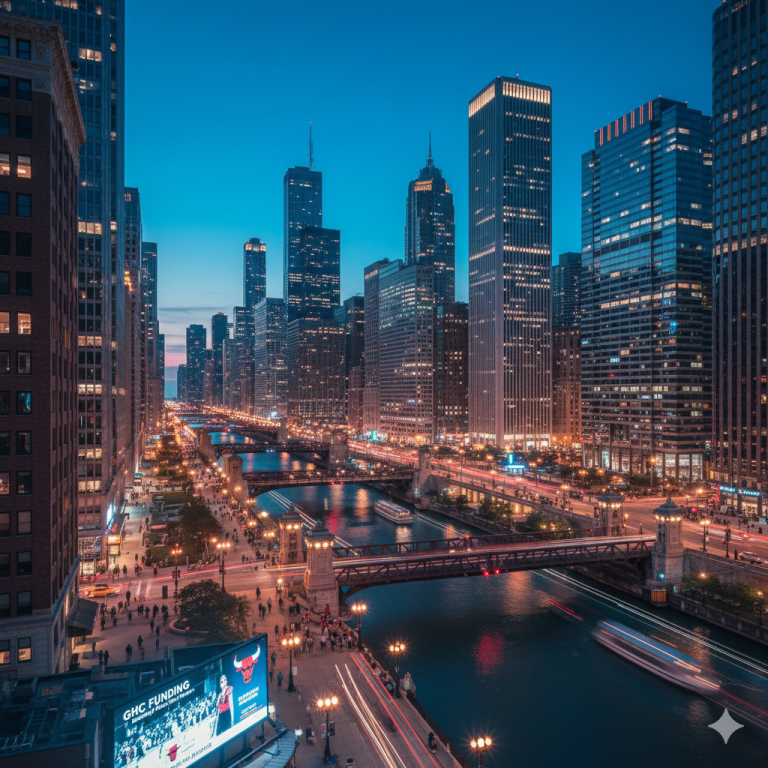 downtown chicago illinois on a friday night, with lots going on in the city