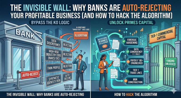 Infographic showing banks' auto-reject wall on the left and steps to unlock funding on the right.