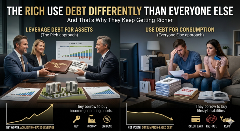 Infographic comparing two debt strategies: leveraging debt for assets on the left and using debt for consumption on the right, with people and charts in each panel.