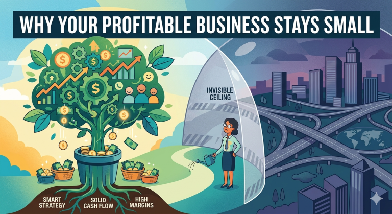 Illustration of a money tree with coins and cash baskets, and a woman under an invisible ceiling inside a glass dome over a city highway.