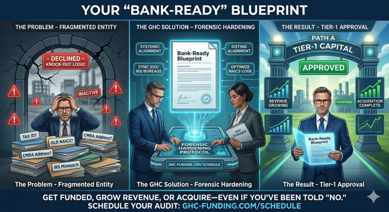 Three-panel infographic showing a journey from a stressed executive amid scattered paperwork to a 'Bank-Ready Blueprint' being forged by professionals, then to an 'Approved' Tier-1 path with growth graphs.