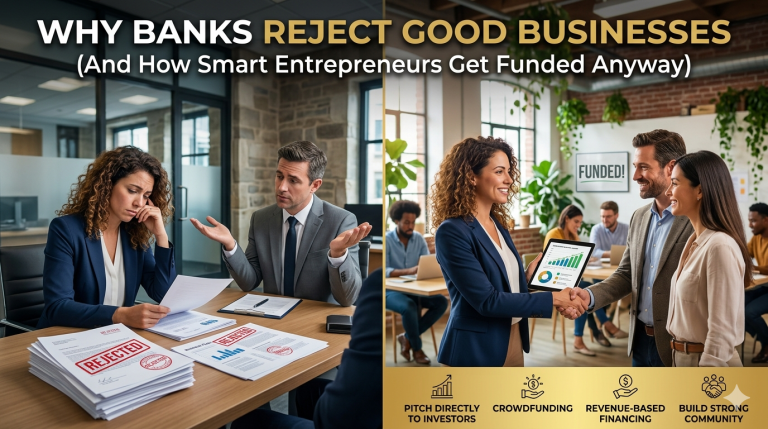 Split image: left shows a woman reviewing rejection letters; right shows a handshake after funding with colleagues and a tablet displaying charts.