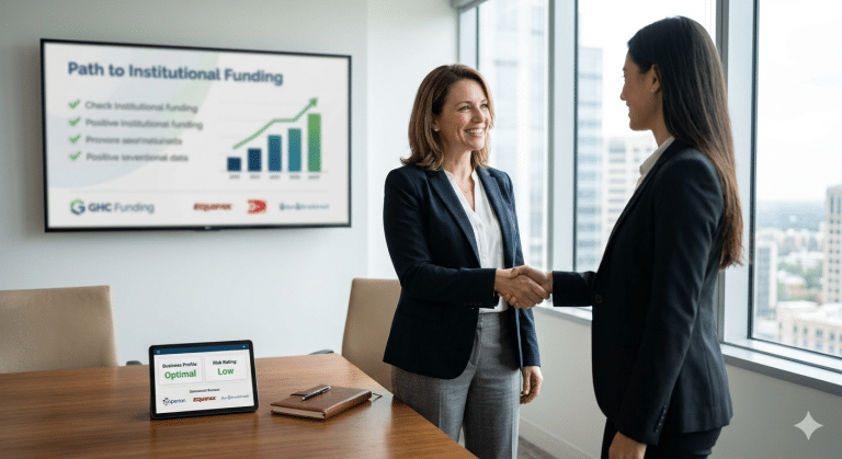 Two professionals shake hands in a modern office as a 'Path to Institutional Funding' presentation appears on a wall screen behind them