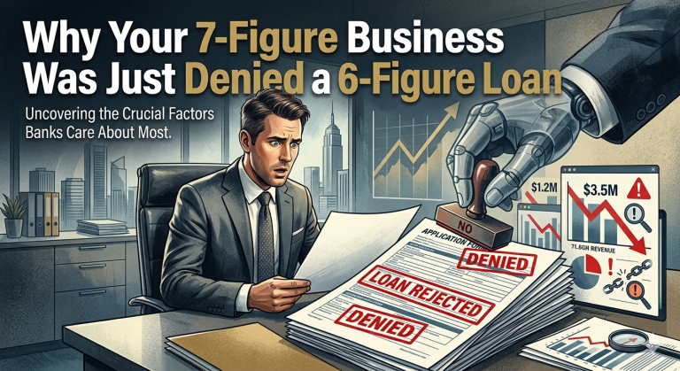 Businessperson at a desk reviewing stacked loan denial forms while a robotic hand points to charts in the background, signaling financial scrutiny and denial.