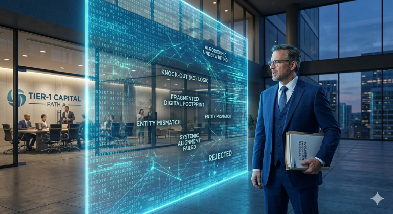 Executive in a blue suit studies a glowing digital data wall with terms like 'REJECTED' and 'ENTITY MISMATCH' in a modern office lobby.