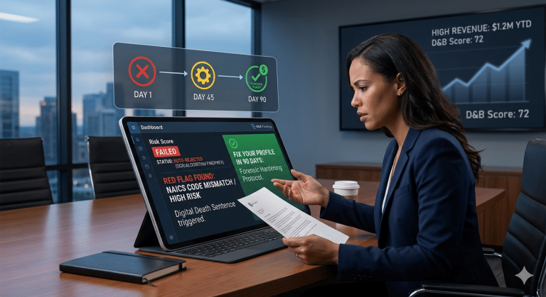 Professional woman reviews a risk dashboard on a tablet showing a 'FAILED' risk and a green 'Fix in 90 days' panel, with a Day 1–90 timeline above.