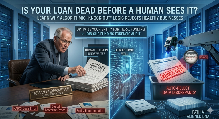 Senior man in a suit at a desk labeled 'Human Underwriter' reviews loan documents, with a high-tech data center background and a 'Knock-Out' data-discrepancy display on the right.