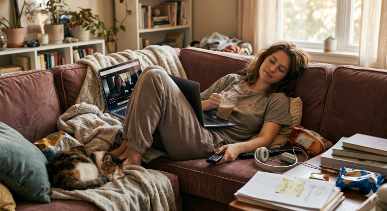 Young woman lounging on a sofa with a laptop, holding coffee, while a calico cat naps on a blanket nearby.