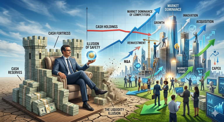 Man in a suit sits on a throne made of cash beside a fortress of stacked money; the left shows cash reserves while the right reveals a thriving city with rising arrows and construction, symbolizing market growth.