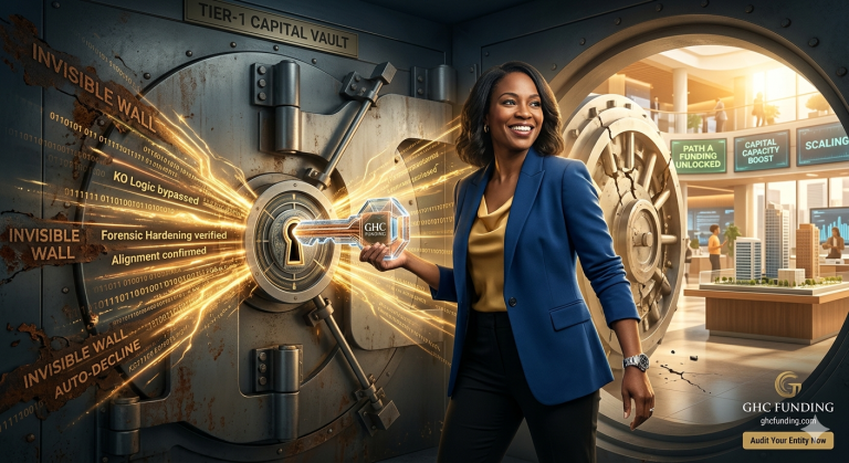 Businesswoman in a blue blazer inserts a glowing key into a large vault door, symbolizing unlocking funding by GHC Funding.