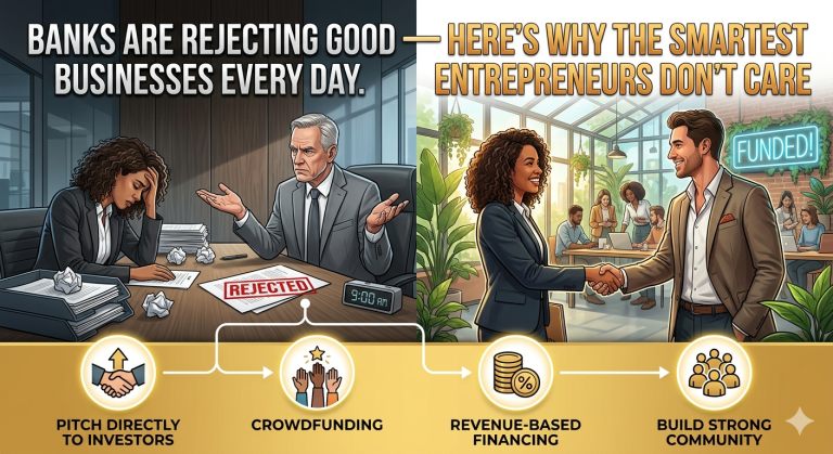 Two-panel infographic: left shows rejection in a boardroom with a stamped 'REJECTED'; right shows a funded handshake in a bright office. Flow icons at bottom: pitch to investors, crowdfunding, revenue-based financing, build strong community.