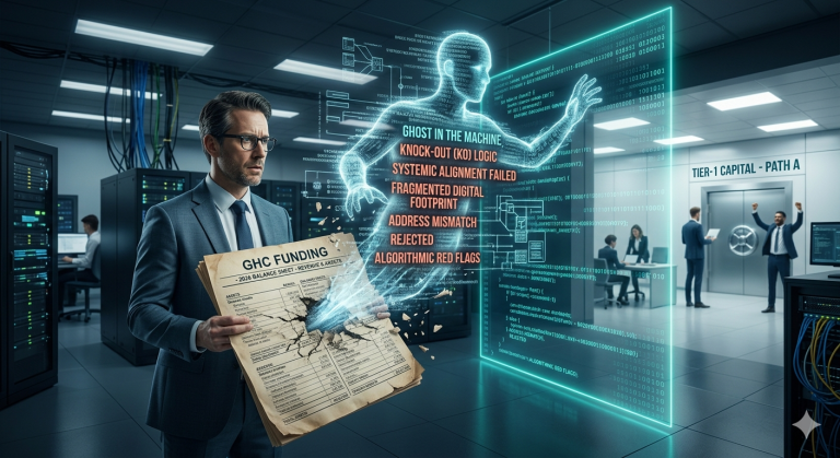 Businessman in a suit holds a torn 'GHC FUNDING' report as a blue holographic ghost points to a glowing data wall in a server room.