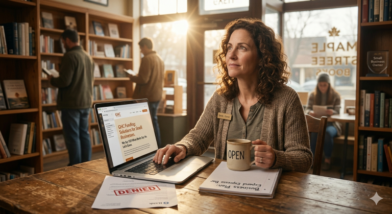 Woman with curly hair sits at a wooden library table, looking thoughtfully at a laptop showing a funding page, with a 'DENIED' sheet and an 'OPEN' mug on the desk.