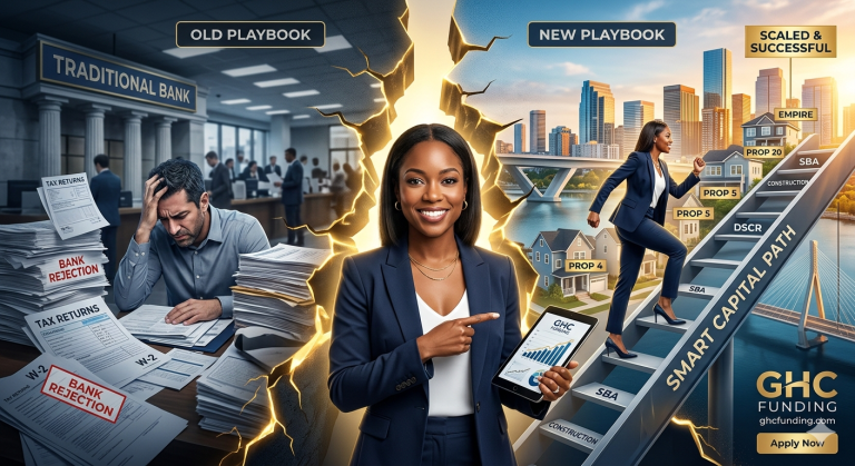 Center: confident businesswoman in a suit points at a tablet as lightning splits a traditional bank scene on the left and a modern city skyline on the right; a stressed man with bank rejection papers sits amid the papers. A woman climbs a labeled 'Smart Capital Path' staircase toward opportunity, with the GHC Funding logo visible.