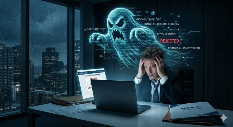 Stressed businessman at a desk with a glowing holographic skull and data graphics looming behind him.
