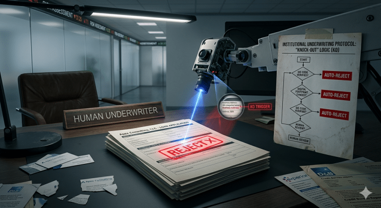 Robot-assisted underwriting desk: a robotic arm hovers over a stack of forms stamped REJECT, with a 'HUMAN UNDERWRITER' sign visible in the background.