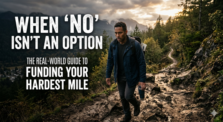 Hiker walking a rocky mountain trail at dusk with bold white text: 'When No Isn’t an Option' and subtitle about funding your hardest mile (guide cover).