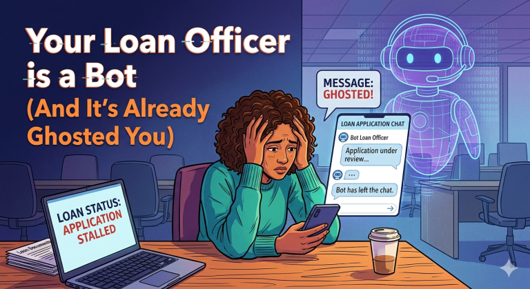 Frustrated woman sits at a desk as a holographic loan bot chats while her laptop shows 'Loan Status: Application Stalled'.