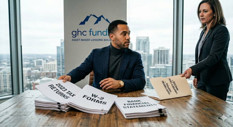 Man in a blazer sits at a wooden table with stacks of financial forms labeled 2023 tax returns, W-2 forms, and bank statements while a woman in a suit hands him a folder with a city skyline behind; ghc fund banner in the background.