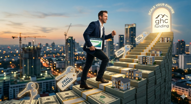 Businessman in a suit climbs a staircase made of cash toward a glowing 'ghc funding' emblem over a city skyline.