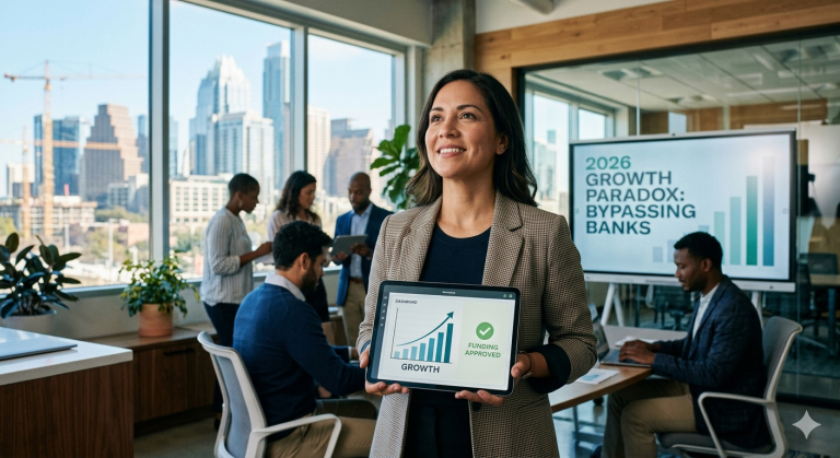Businesswoman in a blazer presents a tablet showing a growth chart and funding status in a modern office.